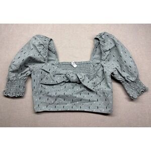 Storia Blouse M Green Cropped Smocked Knot Front Puff Sleeves Zip Shirt Coquette